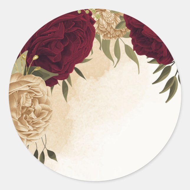 Maroon green beige gold botanical wedding classic round sticker (Front)