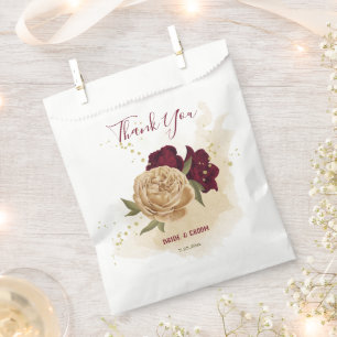 Maroon green beige gold botanical wedding favor bag