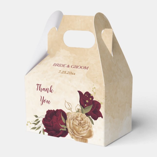 Maroon green beige gold botanical wedding favor boxes (Front Side)