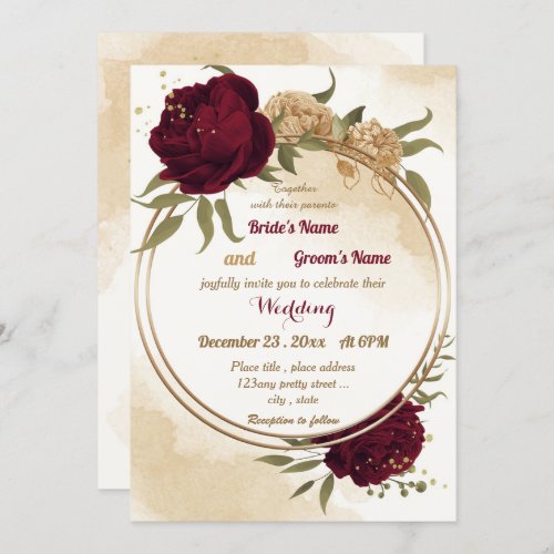 Maroon green beige gold botanical wedding invitation