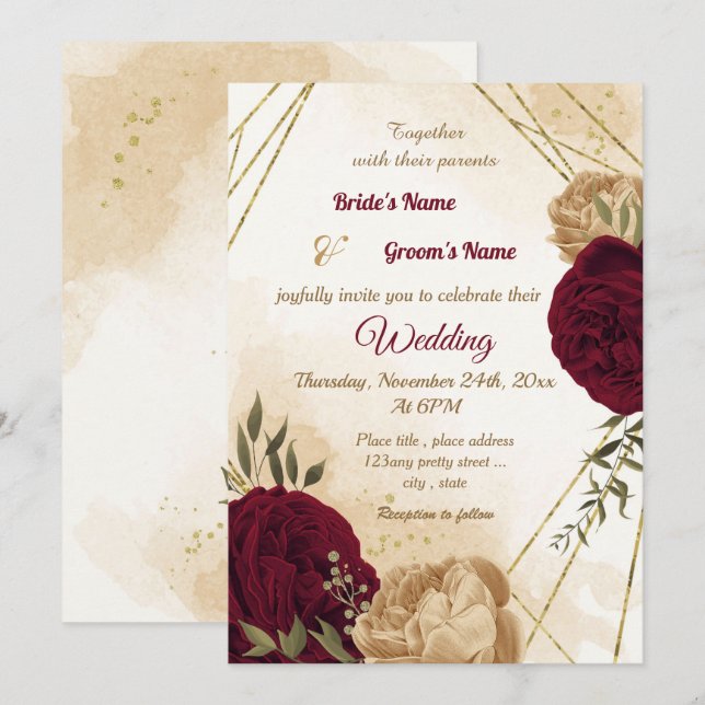 Maroon green beige gold botanical wedding invitation (Front/Back)