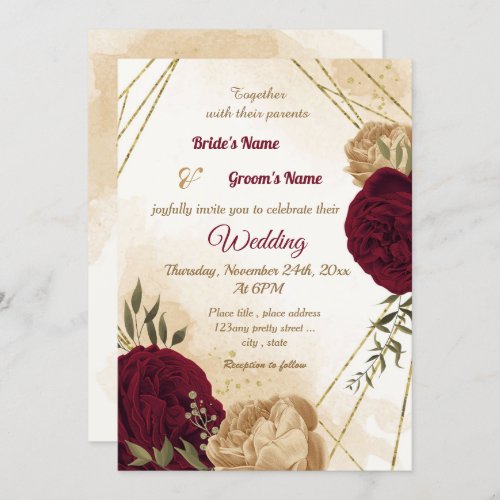 Maroon green beige gold botanical wedding invitation