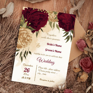 Maroon green beige gold botanical wedding invitation