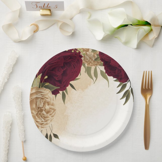 Maroon green beige gold botanical wedding paper plates (Wedding)