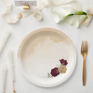 Maroon green beige gold botanical wedding paper plates