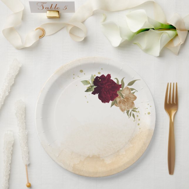 Maroon green beige gold botanical wedding paper plates (Wedding)