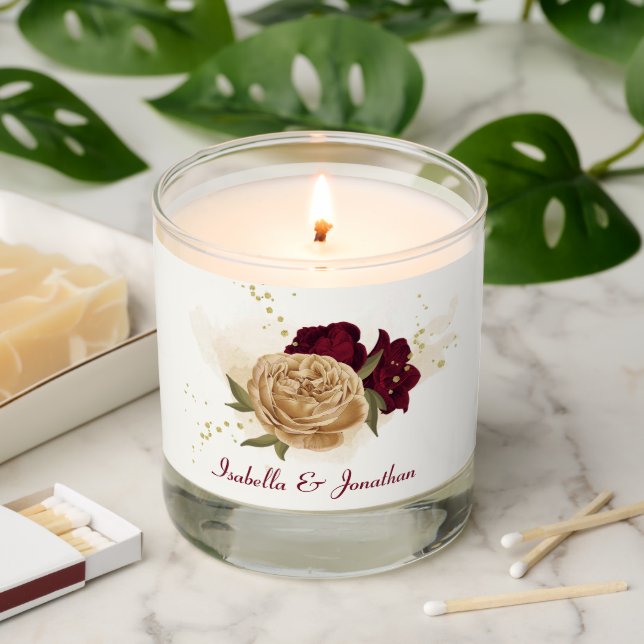 Maroon green beige gold botanical wedding  scented candle (Lit)