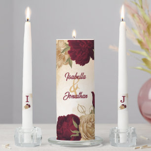 Maroon green beige gold botanical wedding unity candle set