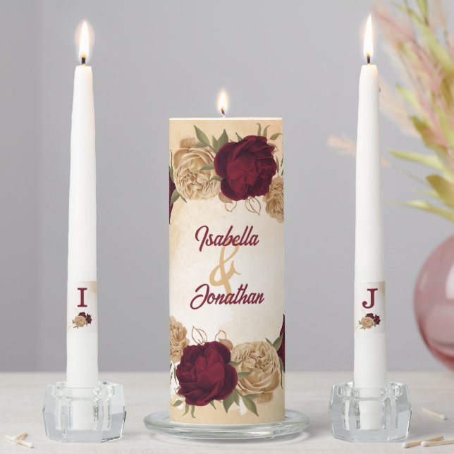 Maroon green beige gold botanical wedding unity candle set (In Situ)