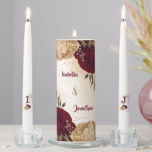 Maroon green beige gold botanical wedding unity candle set