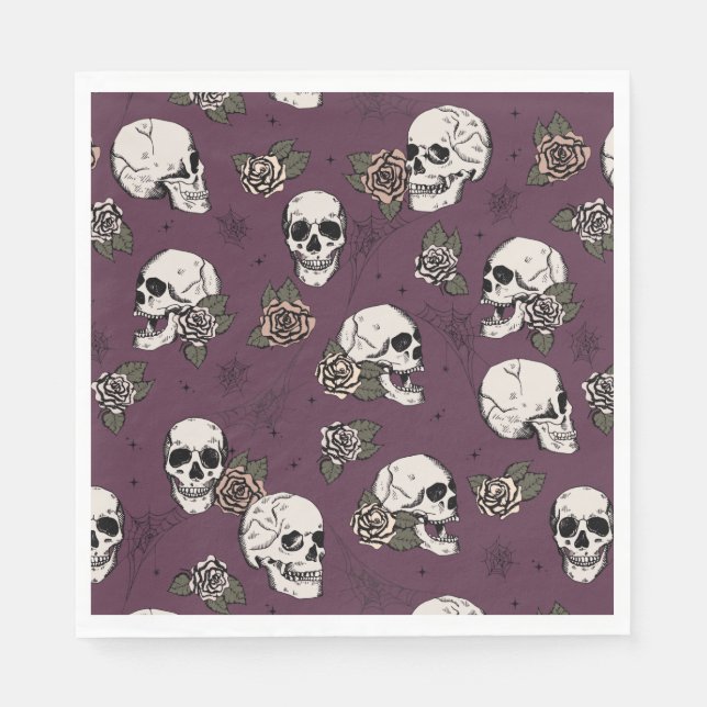 Maroon Green Gothic Skulls and Roses Halloween Napkins (Front)