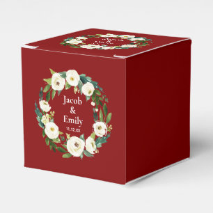 Maroon Greenery Personalized Names Date Wedding Favor Boxes