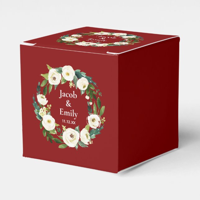 Maroon Greenery Personalized Names Date Wedding Favor Boxes (Front Side)
