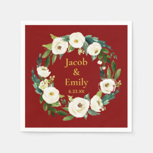 Maroon Greenery Personalized Names Date Wedding Napkins