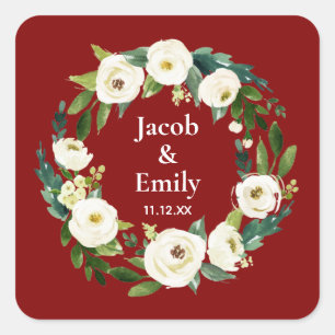 Maroon Greenery Personalized Names Date Wedding Square Sticker