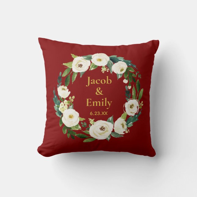 Maroon Greenery Personalized Names Date Wedding Throw Pillow (Front)