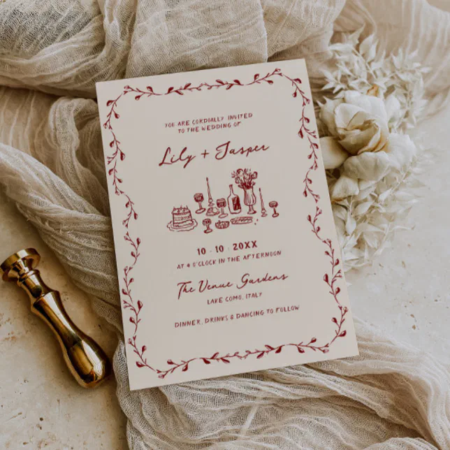 Maroon Hand Drawn Wedding Invitation
