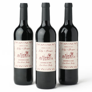 Maroon Hand Drawn Wedding Wine Label