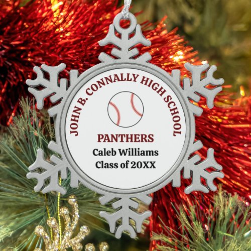 Maroon High School Baseball Team Personalized Snowflake Pewter Christmas Ornament