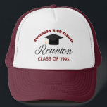 Maroon High School Reunion Party Custom Alumni Trucker Hat<br><div class="desc">A classic custom class reunion hat for alumnus in maroon and black typography for a high school,  college,  or university. Customize with your school name and graduating class for great personalized alumni celebration keepsake gifts.</div>