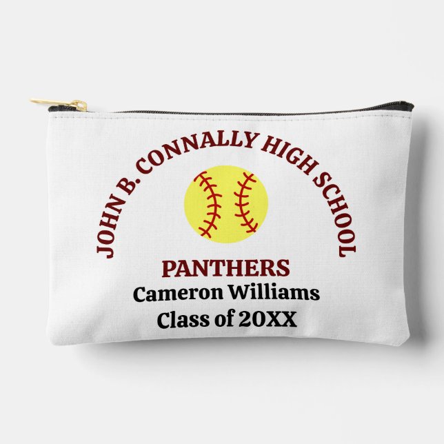 Maroon High School Softball Player Personalized Accessory Pouch (Front)