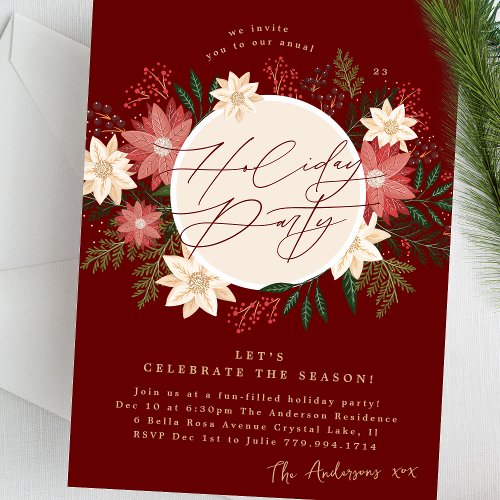 Maroon Holiday Party Poinsettia Wreath Splendor Invitation