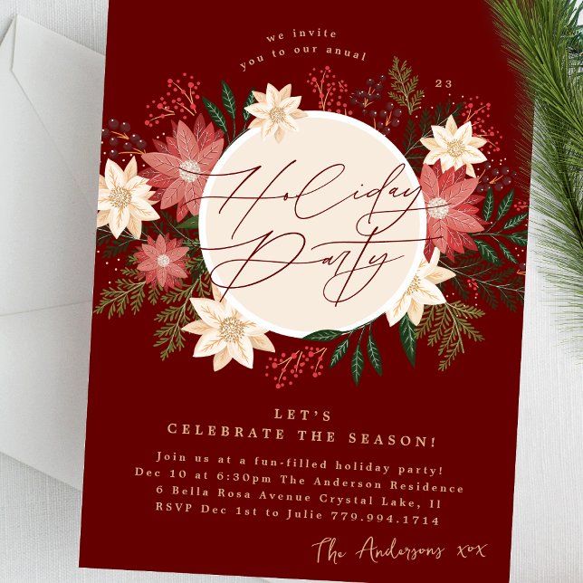Maroon Holiday Party Poinsettia Wreath Splendor Invitation (Creator Uploaded)