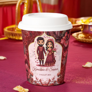 Maroon Indian wedding bridal couple cartoon custom Paper Cups