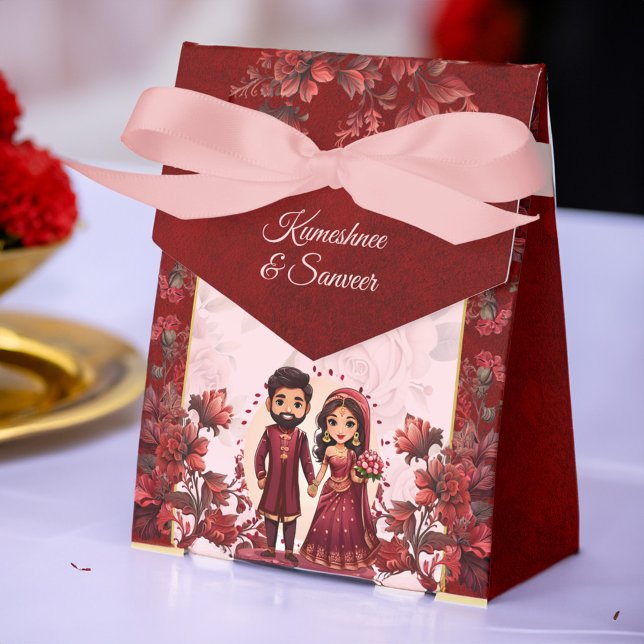 Maroon Indian wedding cute bridal couple printed Favor Boxes (Maroon Indian wedding favors cute bridal couple caricature personalized printed Favor Boxes)