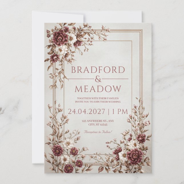 Maroon Ivory Copper Multi Line Frame Wedding Invitation (Front)