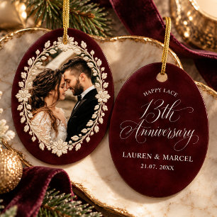 Maroon Lace Thirteenth Anniversary Couple Ceramic Ornament