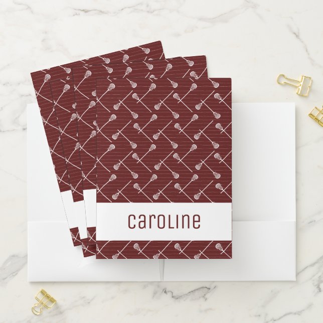 Maroon Lacrosse White Sticks Patterned Pocket Folder (In Situ)