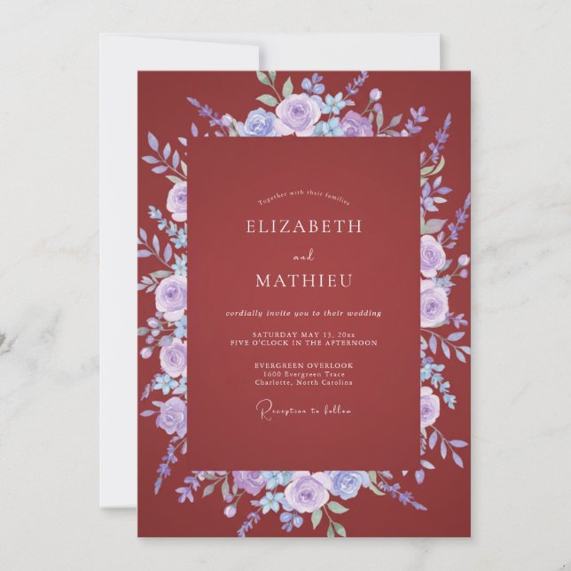 Maroon Lavender Ranunculus Eucalyptus Wedding Invitation (Front)