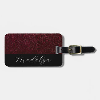 Maroon Leather Texture Script Calligraphy Name Luggage Tag