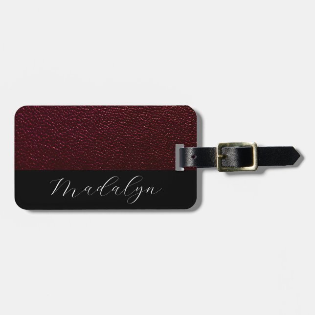 Maroon Leather Texture Script Calligraphy Name  Luggage Tag (Front Horizontal)