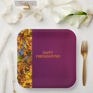 Maroon Leaves Thanksgiving Friendsgiving Paper Plates
