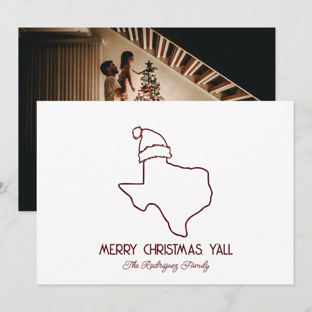 Maroon Line Art Santa Texas Holiday Card (Front/Back)