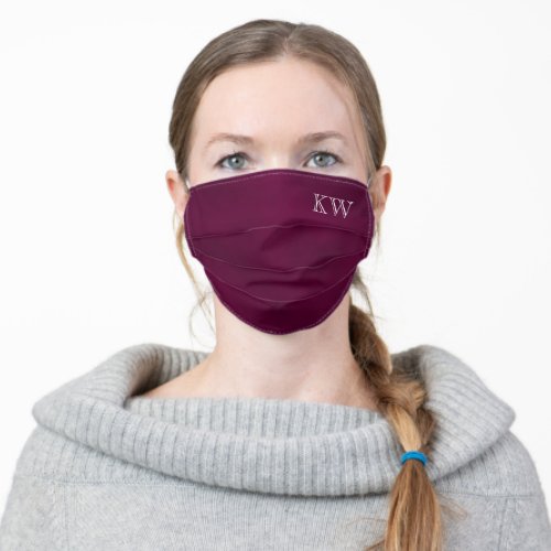 Maroon Magenta or Cassis Purple with Initials Adult Cloth Face Mask