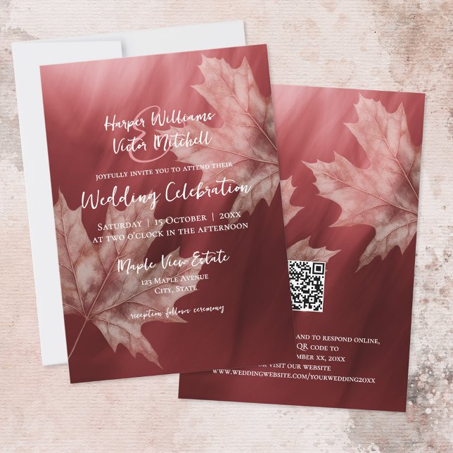 maroon maple leaves accent all in one invitation (front & back views - fall wedding maroon with maple leaves accent)