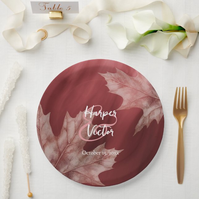 maroon maple leaves fall wedding paper plates (Wedding)