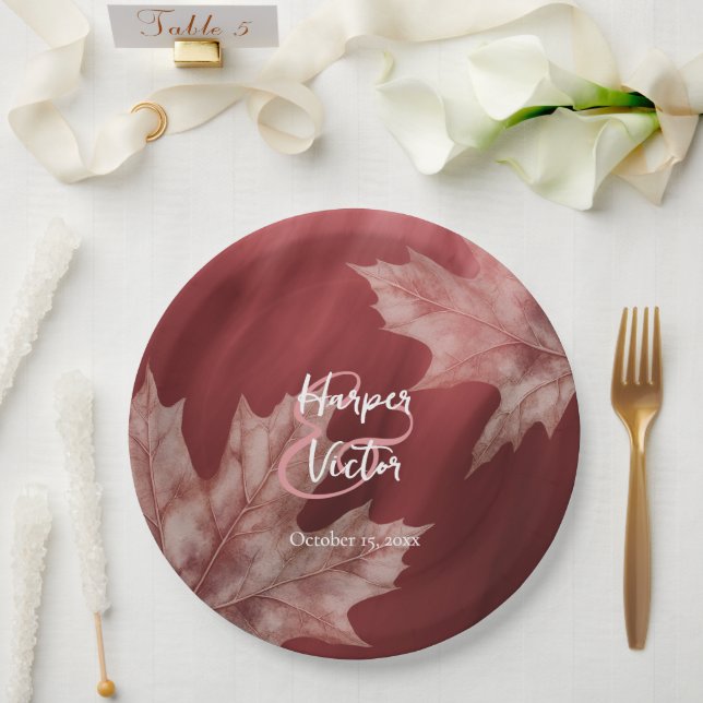 maroon maple leaves fall wedding paper plates (Wedding)