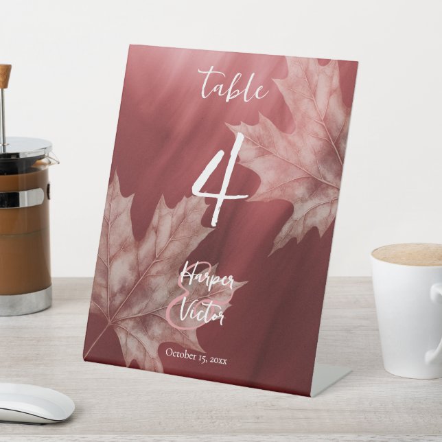 maroon maple leaves fall wedding pedestal sign (In SItu)