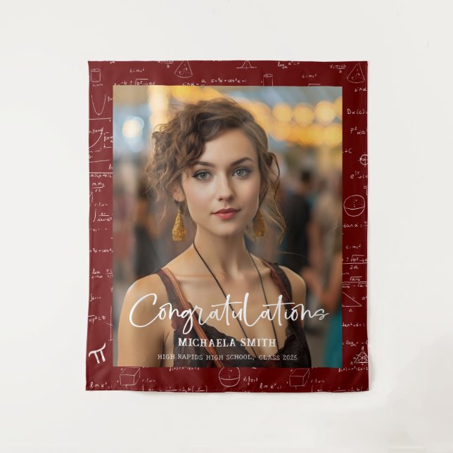 Maroon Math Congratulations Photo Graduation Tapestry (Front)