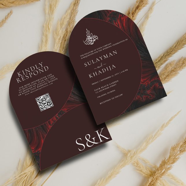 Maroon Minimal Elegant Muslim QR Code Arch Wedding Invitation (Creator Uploaded)