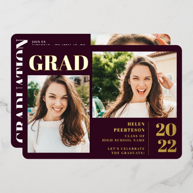 Maroon minimalist modern 3 photos graduation foil invitation (Front/Back)