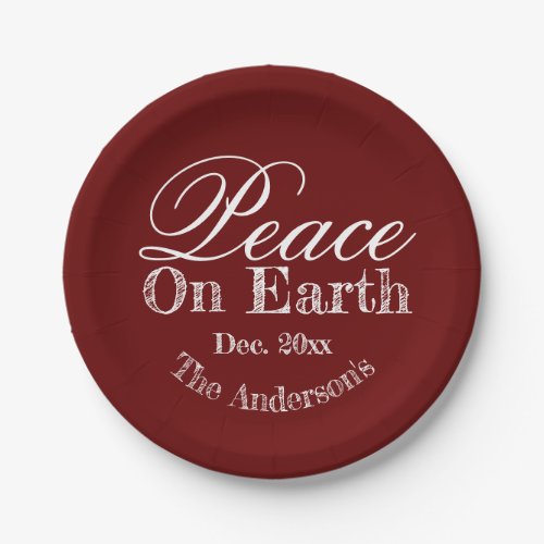 Maroon Minimalist Peace On Earth Paper Plates