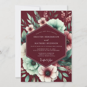 Maroon Mint Poetic Bloom Wedding Invitation