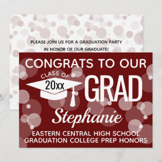 Maroon Modern Confetti Bokeh Bubbles Graduation Invitation