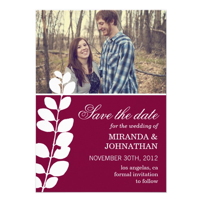 Maroon Modern Foliage Photo Save The Date Invites