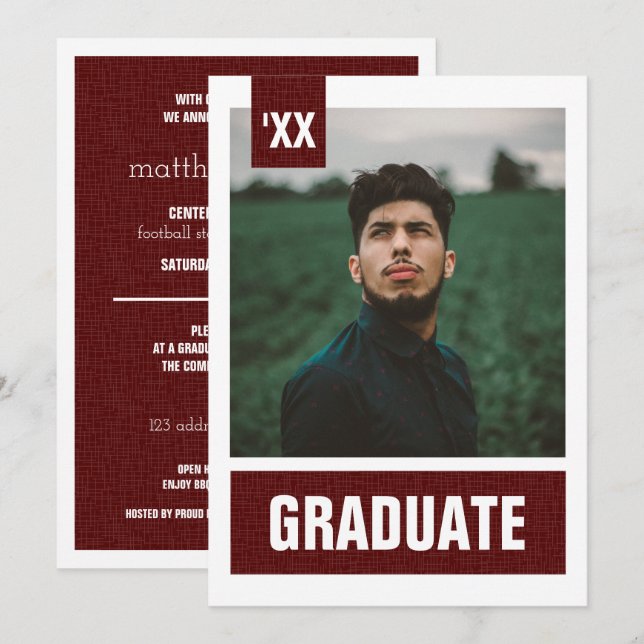Maroon Modern Textured Photo Graduation Invitation (Front/Back)
